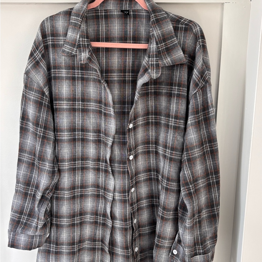 Gray Plaid Oversized Fall Button-Down Shirt – 1XL